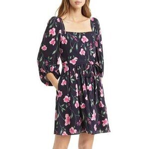 Eliza J Navy Blue Pink Floral Square Neck Dress Pockets Belted 3/4 Sleeve NWT
